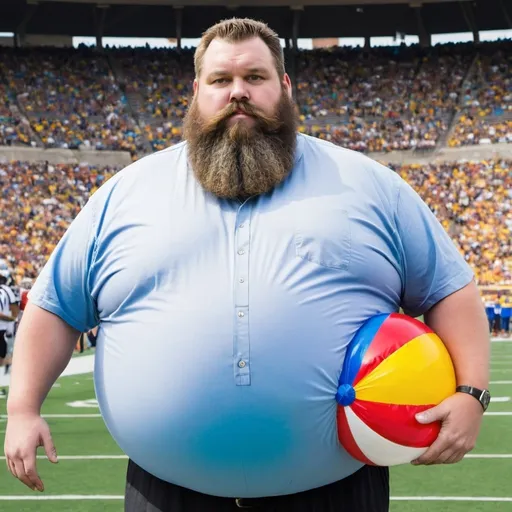 Prompt: A large man with a big beard standing over a football stadium holding a large beach ball.
