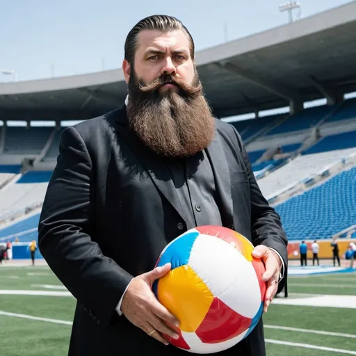 Prompt: a giant  gangster with a large beard stating outside a football stadium holding a beach ball