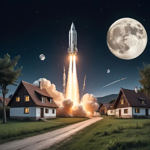 Prompt: create an image with a rocket taking off from a small village towards the moon