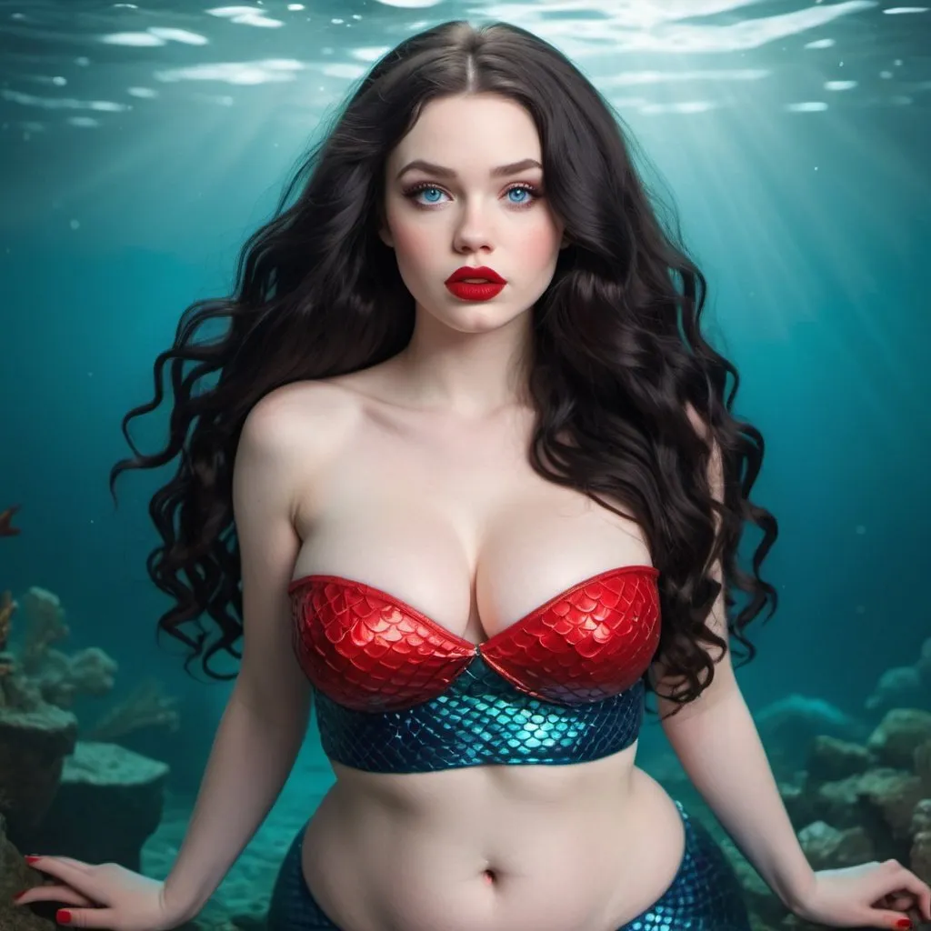Prompt: Full body portrait of pale skinned mermaid with long black wavy hair, full thick pumped red lips, blue eyes, pouty face expression, curvy body, slim waist, flat belly, wide thigh, red nails huge chest