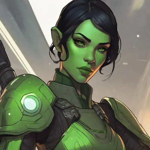 Prompt: A full body portrayal of a green skinned scifi green orc female miralan. she has short black hair. space warrior uniform. she has green skin. Beautiful. Petite , skinny, tiny chest, thick thighs, well drawn face. detailed. star wars art. 2d art. 2d