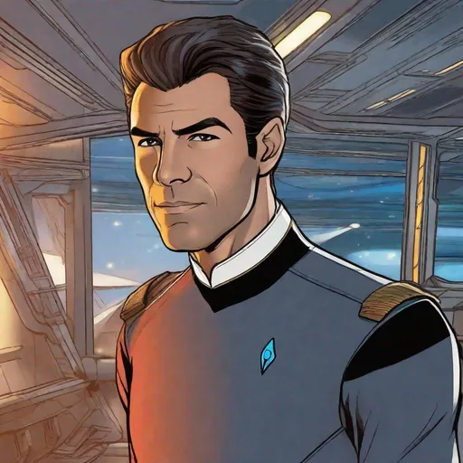 Prompt:  A 33 years old man Star Trek Officer beaming off the ship, Detailed, well draw face, Smooth skin. rpg art. Star trek art. 2d art. 2d, color drawing