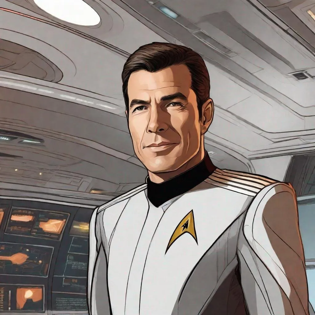 Prompt:  A 33 years old man Star Trek Officer beaming off the ship, Detailed, well draw face, Smooth skin. rpg art. Star trek art. 2d art. 2d, color drawing