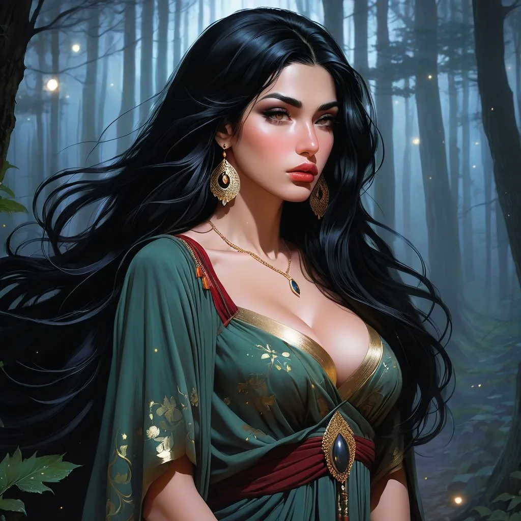 Prompt: highest quality anime art masterpiece, digital drawing, armenian woman with long black hair:vistani, sad in a forest on a dark foggy night, mocha skin:2, waxing moon, ethereal, jewelry set, highres, realistic, highly detailed, fantasy, gypsy, roma, D&D, Ravenloft, by Ilya Kuvshinov