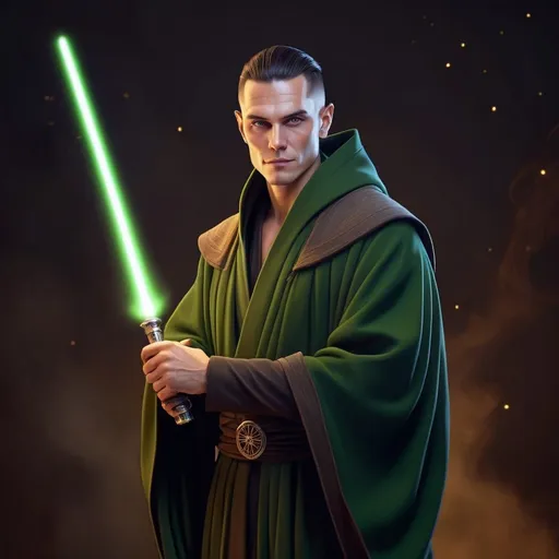 Prompt: detailed character, full body portrait of a muscular male sorcerer, round face, broad cheeks, extremely short brown slicked back pompadour undercut, green eyes smirking, wearing dark green wizard robes, on smoky blurred background, star wars art. 2d art. 2d, completely matte,