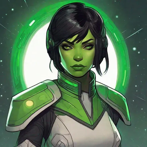 Prompt: A green skinned scifi green orc female miralan. she has short black hair. space warrior uniform. she has green skin. Beautiful. well drawn face. detailed. star wars art. 2d art. 2d