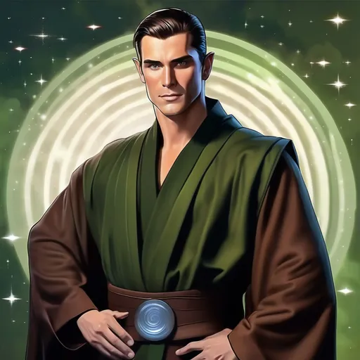 Prompt: detailed character, full body portrait of a muscular male sorcerer, round face, broad cheeks, extremely short brown slicked back pompadour undercut, green eyes smirking, wearing dark green wizard robes, on smoky blurred background, star wars art. 2d art. 2d, completely matte,