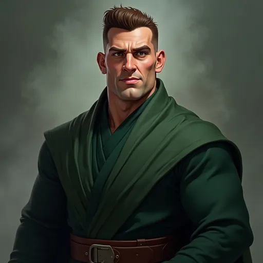 Prompt: detailed character, full body portrait of a muscular male sorcerer, round face, broad cheeks, extremely short brown slicked back pompadour undercut, green eyes smirking, wearing dark green wizard robes, on smoky blurred background, star wars art. 2d art. 2d, completely matte,