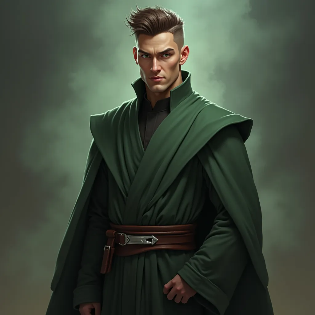 Prompt: detailed character, full body portrait of a tall slender male sorcerer, round face, broad cheeks, extremely short brown slicked back pompadour undercut hair, green eyes smirking, wearing dark green wizard robes, on smoky blurred background, star wars art. 2d art. 2d, completely matte,