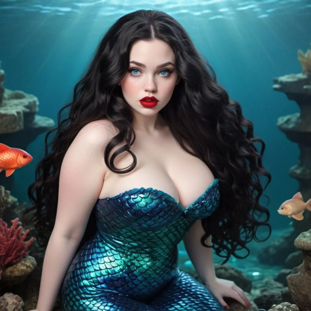 Prompt: pale skinned mermaid with long black wavy hair, full thick pumped red lips, blue eyes, pouty face expression, curvy body, slim waist, wide thigh, huge chest 