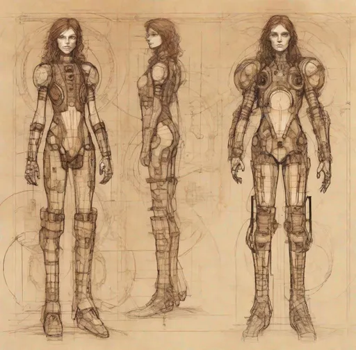 Prompt: Conceptual full lengh sketch On a light rice paper, concept art of a wired bionic young androgynous Irish teenage boy with very feminine body physique features, caucasian male sorcerer, cyberpunk borg with open body implants and tubed prosthetics, very long dark chocolate brown straight hair, wearing a female mini swimsuit , full makeup, freckles, art, circle, one color background, by Hokusai and James Gurney,