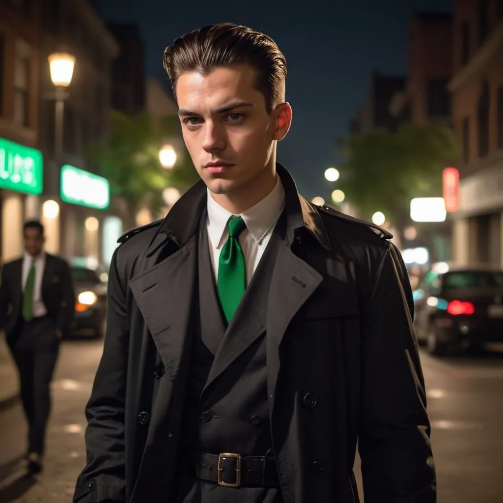 Prompt: Young detective with very short brown slicked back pompadour undercut hair & green eyes walking streets at night with pistol in hand wearing black trench suit with black tie, broad cheeks, round face 