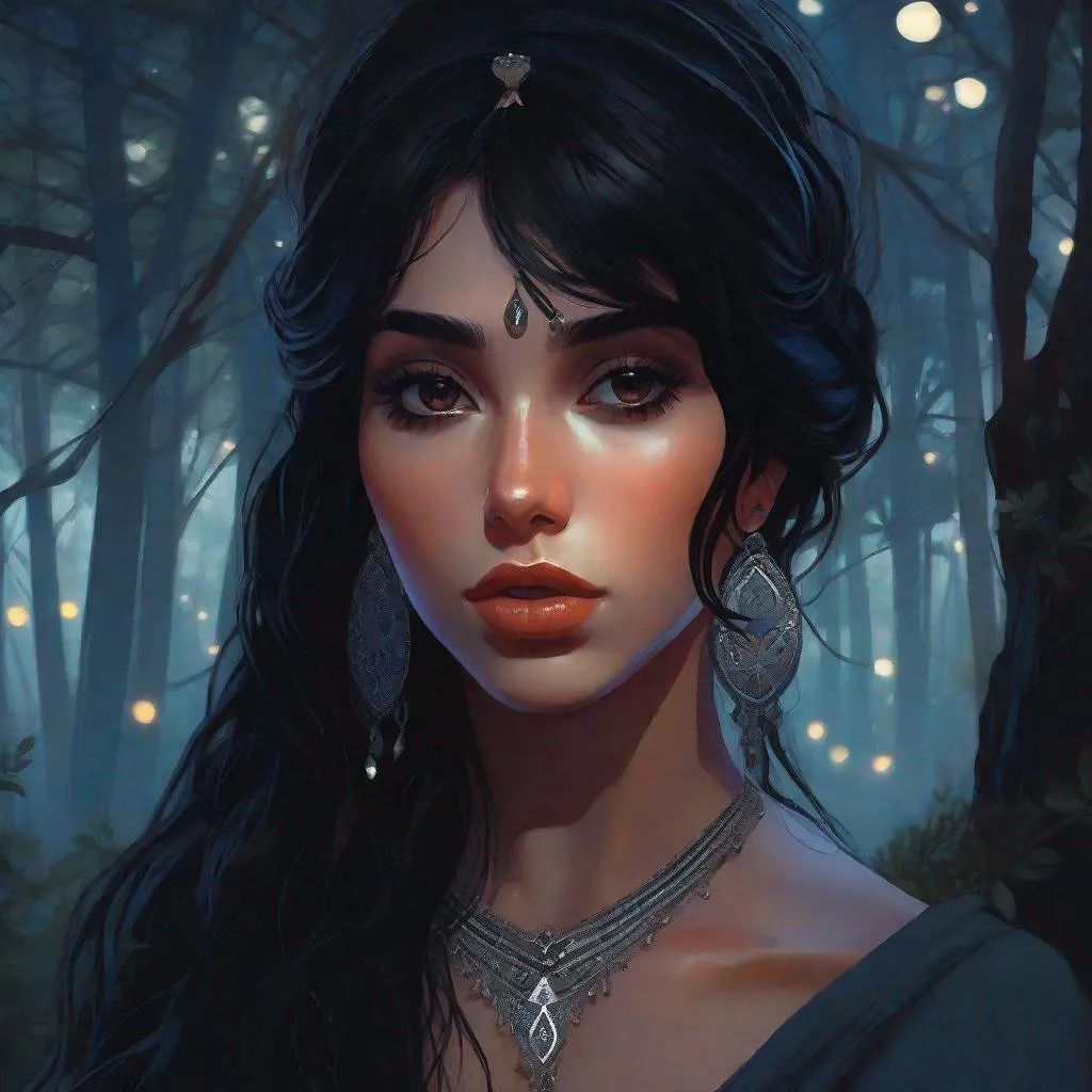 Prompt: highest quality anime art masterpiece, digital drawing, armenian woman with long black hair:vistani, sad in a forest on a dark foggy night, mocha skin:2, waxing moon, ethereal, jewelry set, highres, realistic, highly detailed, fantasy, gypsy, roma, D&D, Ravenloft, by Ilya Kuvshinov