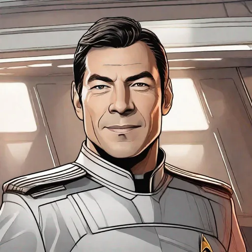 Prompt:  A 33 years old man Star Trek Officer beaming off the ship, Detailed, well draw face, Smooth skin. rpg art. Star trek art. 2d art. 2d, color drawing