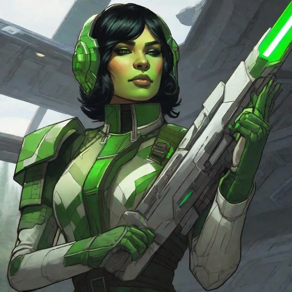 Prompt: A green skinned scifi green orc female miralan. she has short black hair. space warrior uniform. she has green skin. Beautiful. well drawn face. detailed. star wars art. 2d art. 2d