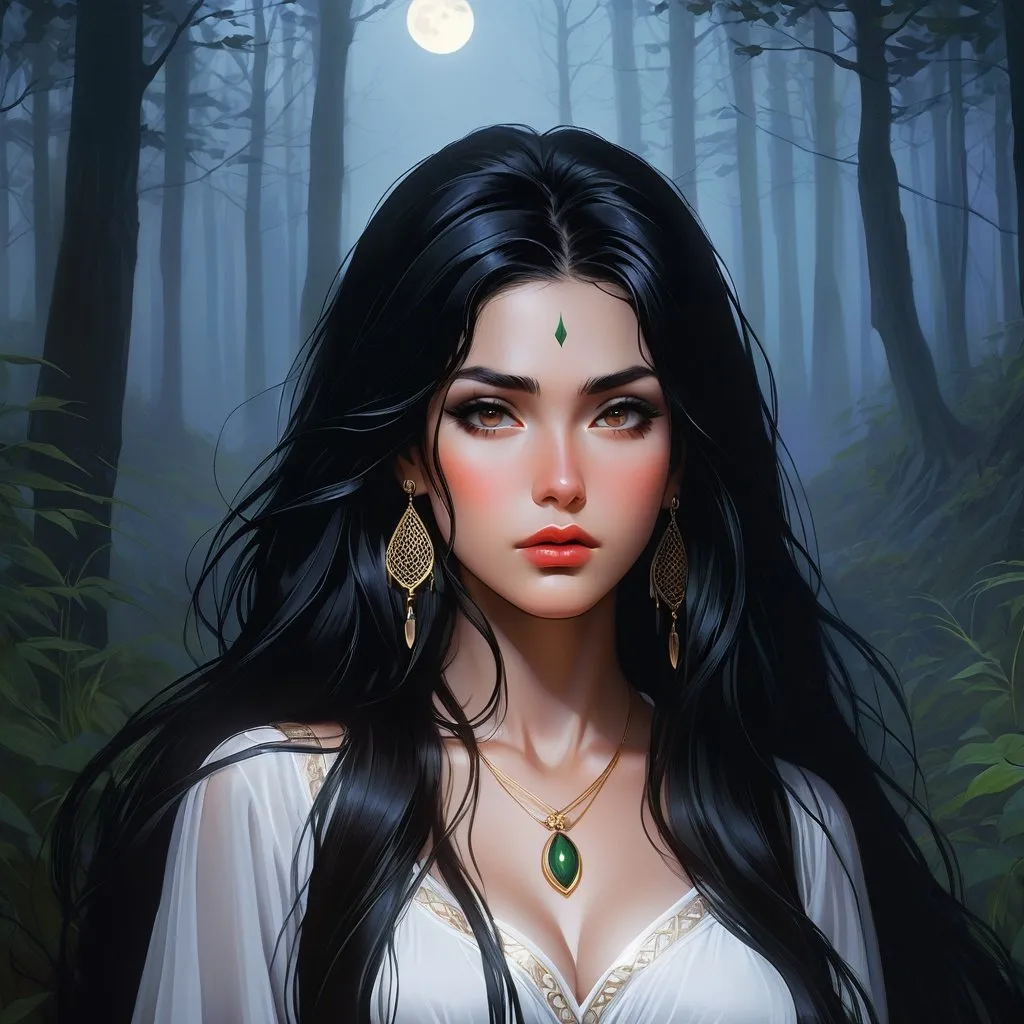 Prompt: highest quality anime art masterpiece, digital drawing, armenian woman with long black hair:vistani, sad in a forest on a dark foggy night, mocha skin:2, waxing moon, ethereal, jewelry set, highres, realistic, highly detailed, fantasy, gypsy, roma, D&D, Ravenloft, by Ilya Kuvshinov