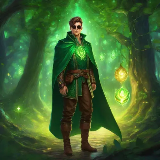 Prompt: (Full body) A male green mage with short cut brown pompadour hair, round green sunglasses with emerald lenses, pathfinder, magic swirl, leather pants, holding magic, dungeons and dragons, brown boots, fantasy setting, standing in a forest glade at night, in a painted style realistic art