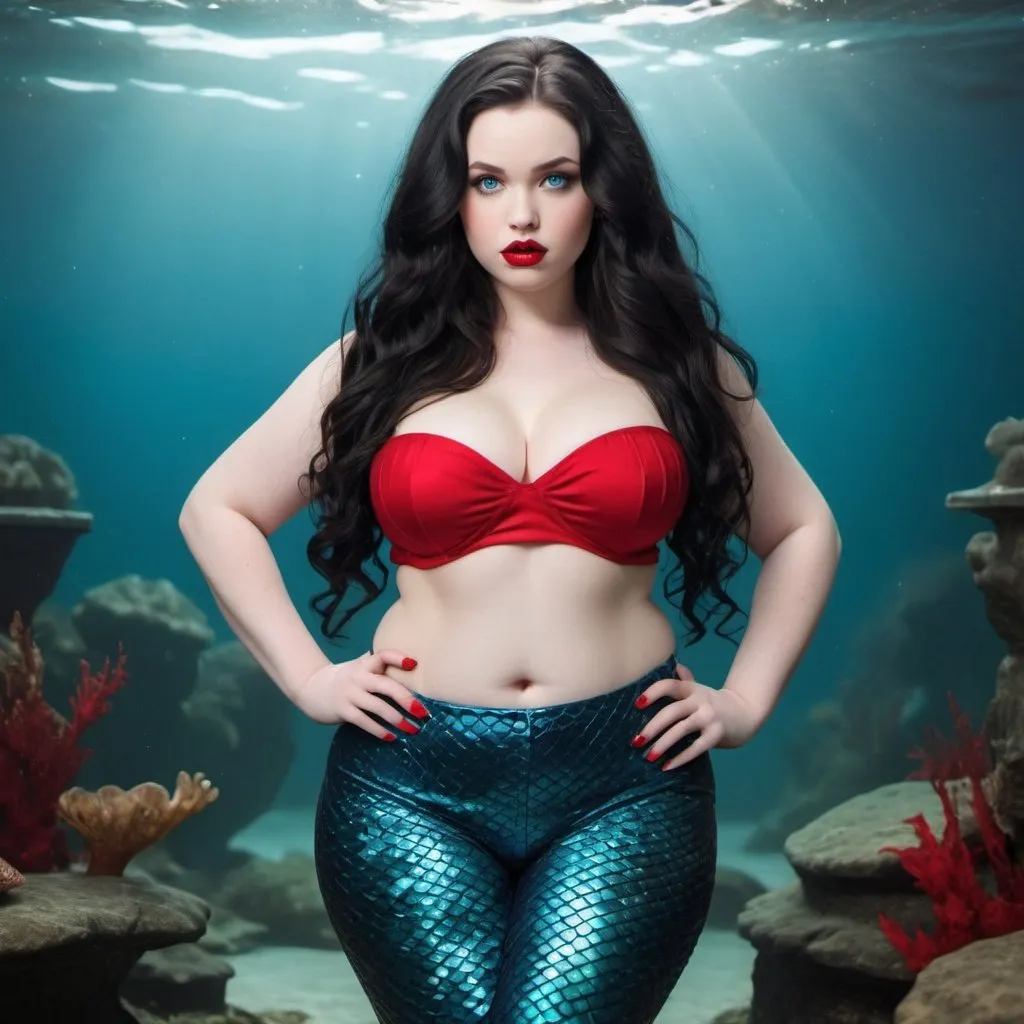 Prompt: Full body portrait of pale skinned mermaid with long black wavy hair, full thick pumped red lips, blue eyes, pouty face expression, curvy body, slim waist, flat belly, wide thigh, red nails huge chest