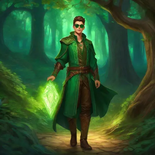 Prompt: (Full body) A male green mage with short cut brown pompadour hair, round green sunglasses with emerald lenses, pathfinder, magic swirl, leather pants, holding magic, dungeons and dragons, brown boots, fantasy setting, standing in a forest glade at night, in a painted style realistic art