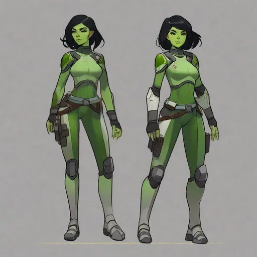 Prompt: A full body portrayal of a green skinned scifi green orc female miralan. she has short black hair. space warrior uniform. she has green skin. Beautiful. Petite , skinny, tiny chest, thick thighs, well drawn face. detailed. star wars art. 2d art. 2d