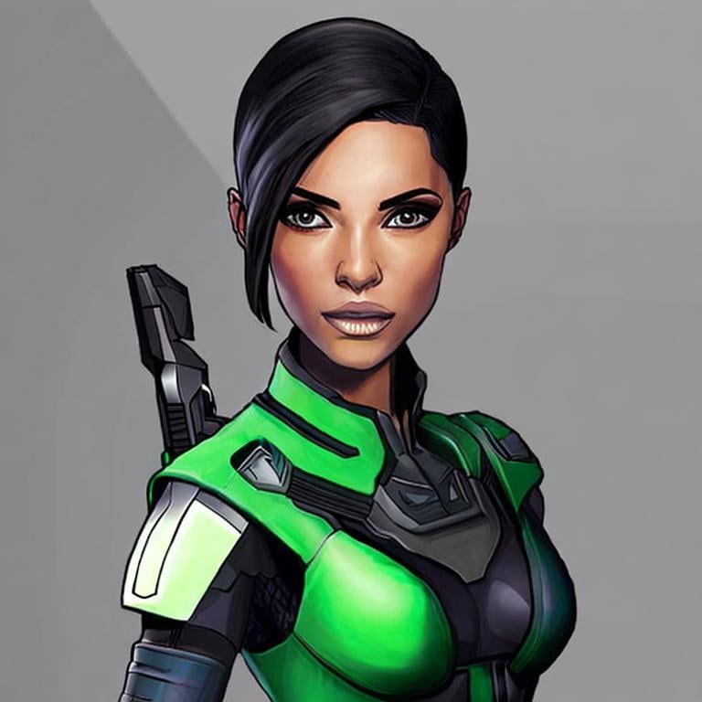 Prompt: A green skinned scifi green female mandalorean cyborg. she has short black hair. mandalorean uniform. she has green skin. Handsome. well drawn face. detailed. star wars art. 2d art. 2d