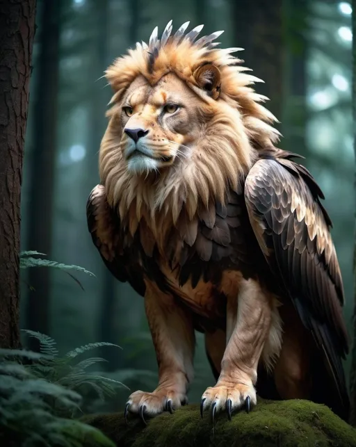 Prompt: Eagle-lion hybrid in a mystical forest, animal hybrid of an eagle and a lion, mix of lion and eagle, high quality, atmospheric lighting