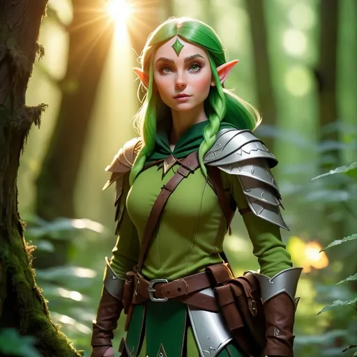 Prompt: Elf ranger in a mystical forest around sunlight