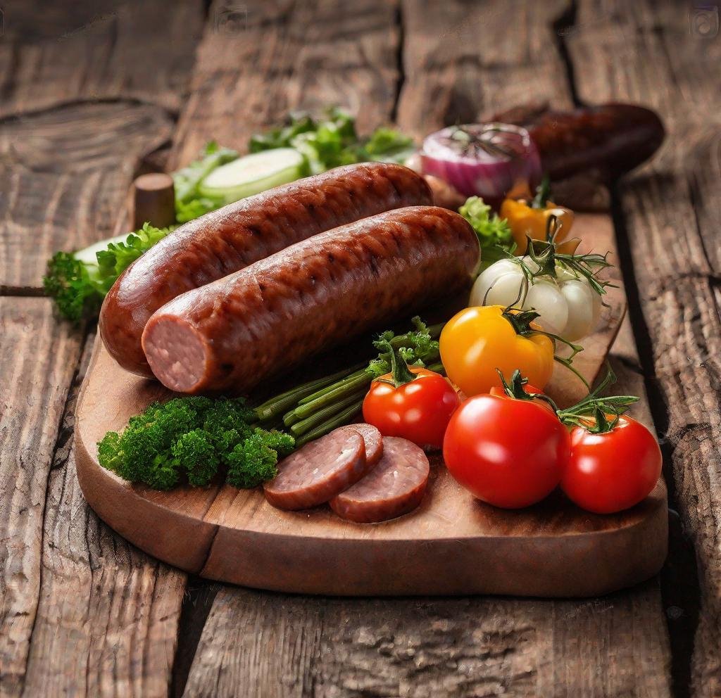 Prompt: a sausage on wood with vegetables