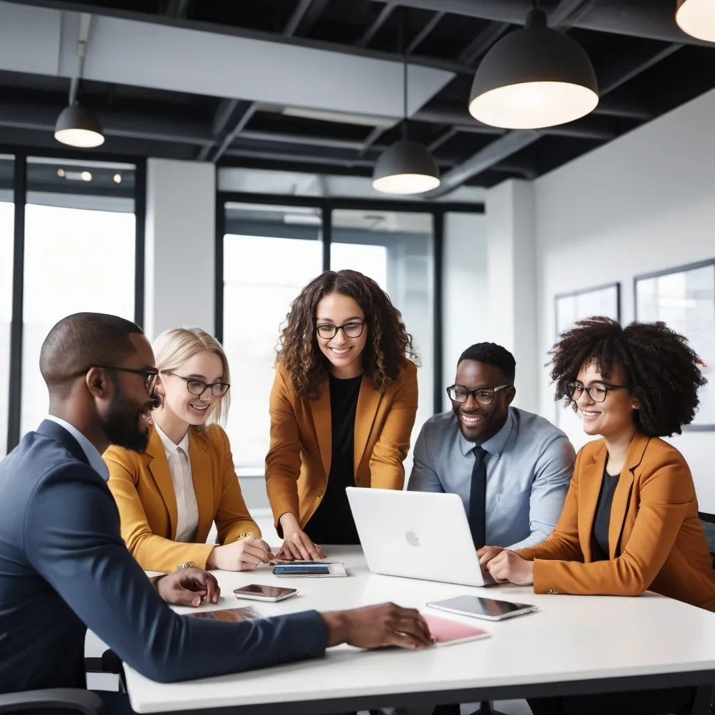 Prompt: Inclusive Workplace: Create an image showcasing a diverse group of coworkers collaborating in a modern office environment, highlighting inclusivity and teamwork.






