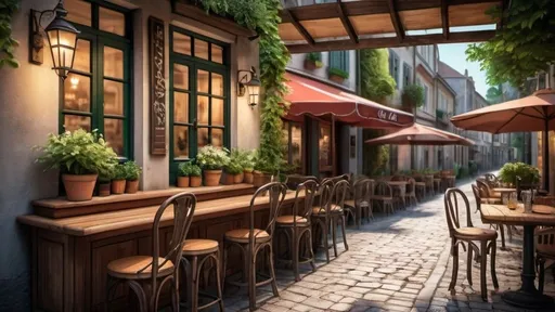 Prompt: “Create an image of a charming outdoor café or bistro on a quaint European street. The setting includes a wooden counter with various bottles, possibly containing beverages, and an open window with green shutters. There are also tables and chairs arranged for patrons, potted plants adding to the décor, and street lamps that suggest the ambiance could be quite inviting in the evening. The image should portray a serene urban life with vibrant colors and an inviting atmosphere.”