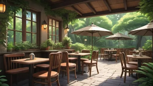 Prompt: “Create an image in the style of Studio Ghibli, featuring a cozy outdoor café setting with wooden tables and chairs, lush greenery surrounding the area, and soft sunlight filtering through the leaves, creating a tranquil and inviting atmosphere.”