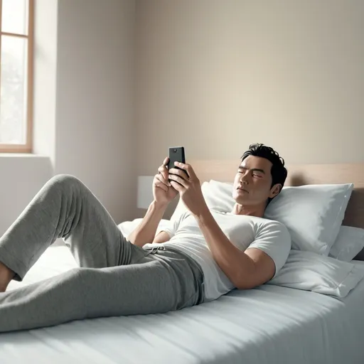 Prompt: Un homme se détend sur un lit, vêtu d'un t-shirt blanc et d'un pantalon de survêtement gris, tout en utilisant son smartphone. La douce lumière intérieure provenant d'une fenêtre proche crée une atmosphère sereine. Plan moyen, pose décontractée, ombres douces, netteté et absence de bruit.