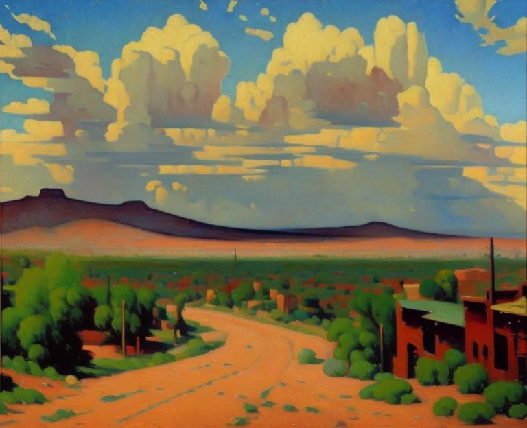 Prompt: make it in the style of john sloan similar to a road to santa fe art work its and oil painting 