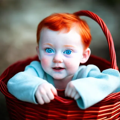 Prompt: 
baby in a basket redhead with light blue  eyes