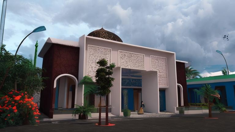 Prompt: a mosque with brown tone and blue sky, some car in front of it, illustration style, cartoon style, soft color, flat illustration