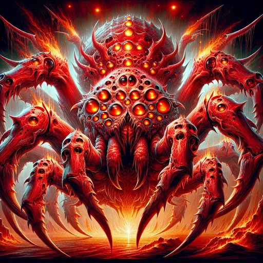 Prompt: Gigantic red spider with 10 feet, 10 spitting fire tentacles, 10 heads, protective shields, highres, ultra-detailed, fiery, fantasy, intense lighting, vibrant red tones, menacing atmosphere, detailed eyes, monstrous design, professional