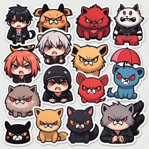 Prompt: An abstract of angry anime bad boys and cute animals stickers