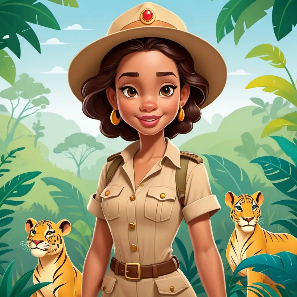 Prompt: Illustration for kids, disney, safari princess character, full body, cartoon style, thick lines, low detail, vivid color