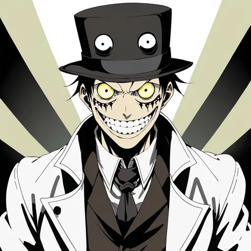 Prompt: man in asylum crazy grin straightjacket bowler hat soul eater eyes