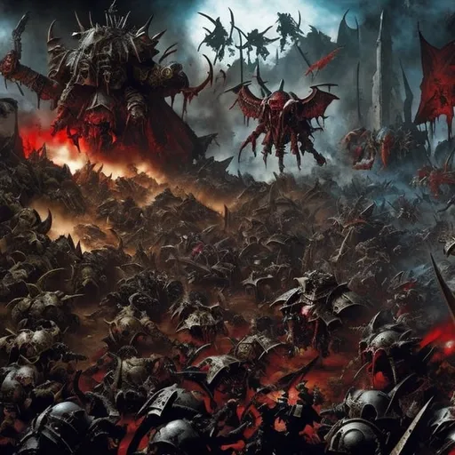 Prompt: Highly detailed Warhammer 40K concept art depicting the space marines final defense of a planet being overrun by Orkz, in the grimdark, baroque, constant warfare, blood, death, decay, macabre, large scale battle, 