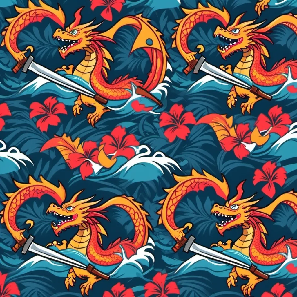 Prompt: Hawaiian shirt pattern that involves dragons and machetes 