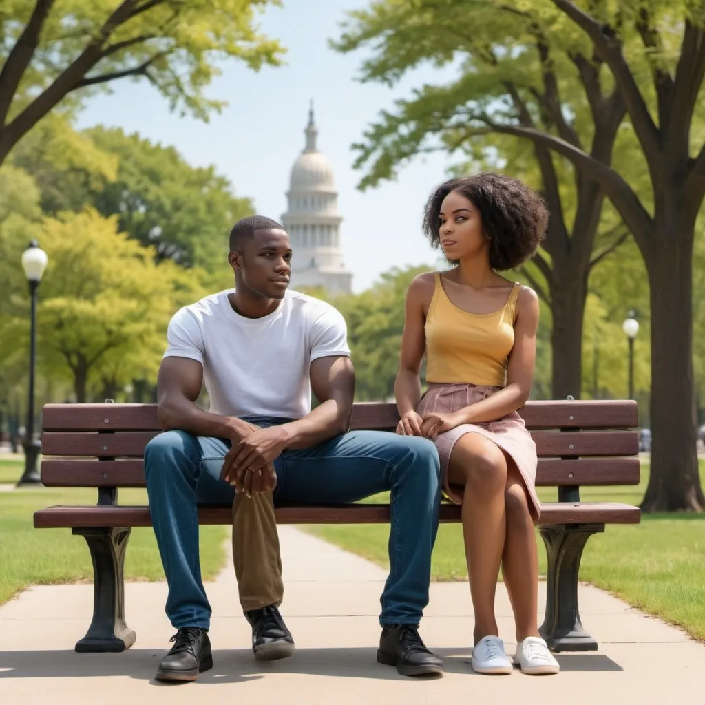 Prompt: Create a 2D image of two African American male and female in there early twenties getting near a park beanch