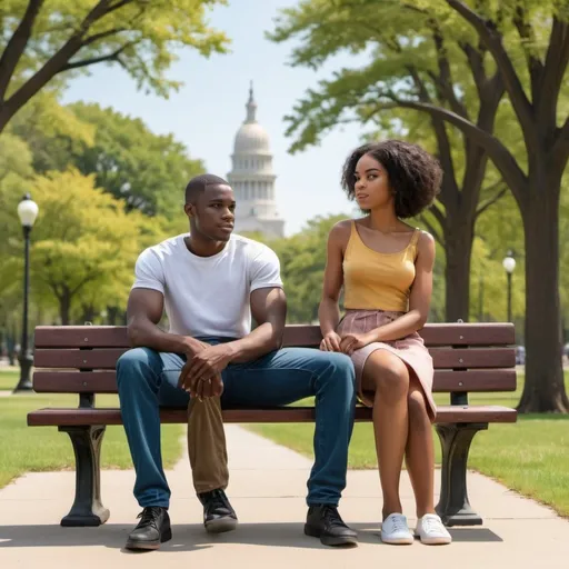 Prompt: Create a 2D image of two African American male and female in there early twenties getting near a park beanch