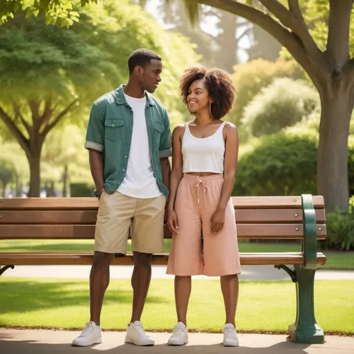 Prompt: Create a 2D image of two African American male and female in there early twenties getting near a park bench in a west coast setting 