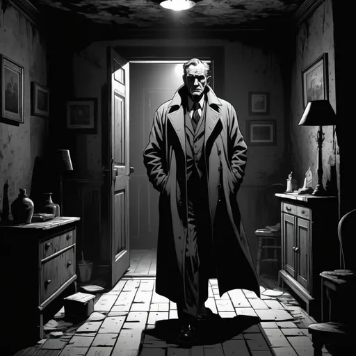 Prompt: comic style , old detective with a long coat , big figure , black and white ,   walking in a dark old house with 