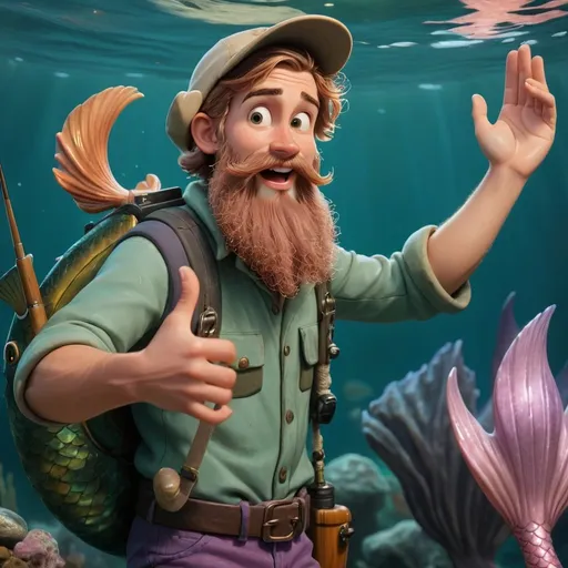 Prompt: young Fisherman with beard waving goodbye to mermaid