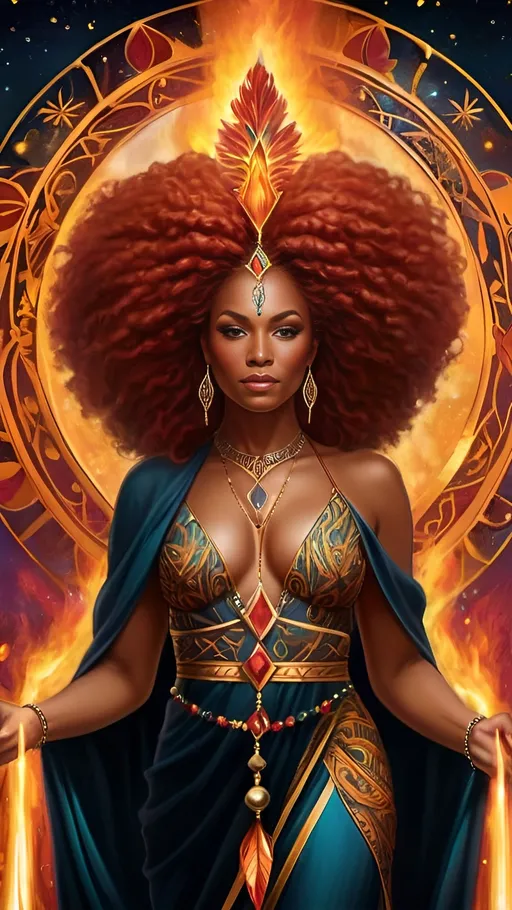 Prompt: A mystical Black woman with fiery red hair stood tall, embodying the essence of the Queen of Wands from the tarot deck. Her piercing gaze held both power and wisdom, radiating strength and confidence. Adorned in vibrant, flowing robes embellished with intricate patterns and symbols, she exuded passion and creativity. In her hands, a wand burned bright with untamed energy, symbolizing her drive and determination. As she moved with grace and purpose, the air around her seemed to shimmer with a sense of magic and possibility. She was a vision of empowerment and resilience, a true queen of her realm.