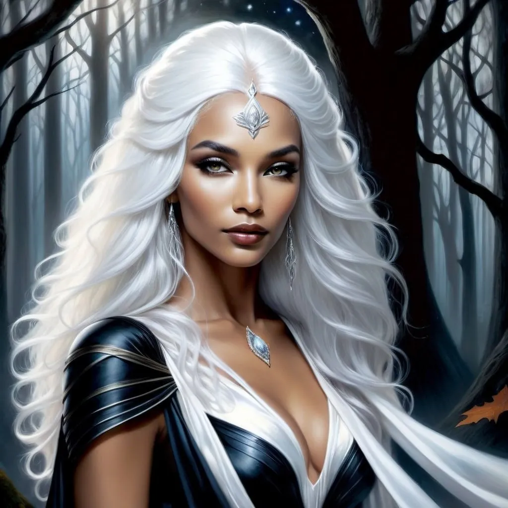 Prompt: Mystical high Priestess with striking gaze, flowing white hair, in a dark forest, detailed facial features, ethereal, oil painting, elegant, high quality, magical, detailed eyes, dark moody atmosphere, atmospheric lighting