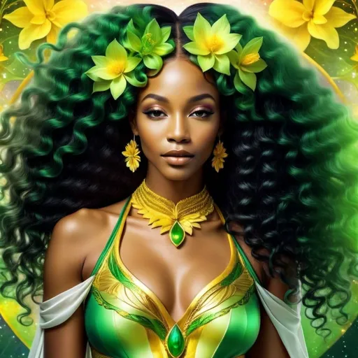 Prompt: mystical black woman with yellow and green long curly hair, cosmic abundance, standing in a flourishing garden, regal grace, creative energy, timeless realm, high-res, mystical, cosmic, regal, flourishing, radiant, detailed features, ethereal, majestic, cosmic colors, vibrant, atmospheric lighting