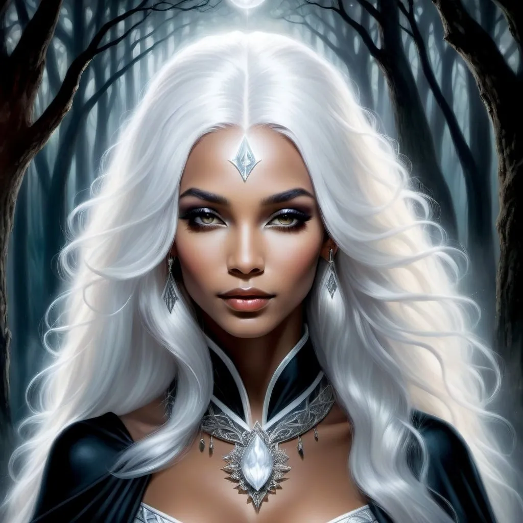 Prompt: Mystical high Priestess with striking gaze, flowing white hair, in a dark forest, detailed facial features, ethereal, oil painting, elegant, high quality, magical, detailed eyes, dark moody atmosphere, atmospheric lighting